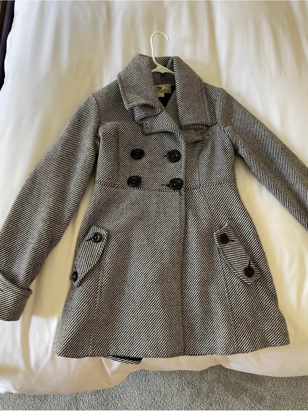 Jolt Black & White Herringbone Double-Breasted Pea Coat